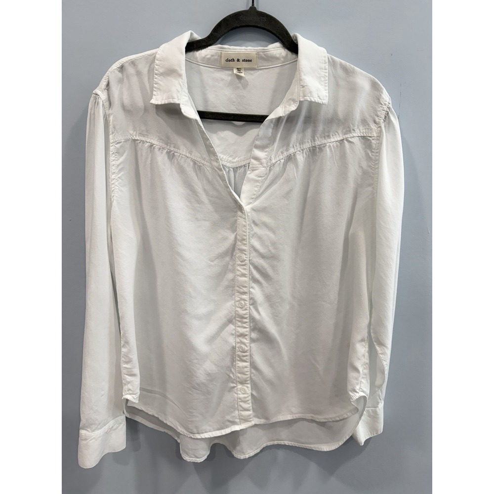 Cloth & Stone White Tencel Button Down Shirt L Shirred Shoulder Relaxed Fit